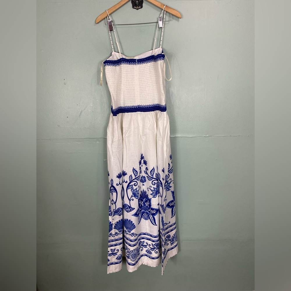 FARM Rio Shell Garden Off White Sleeveless Midi Dress White Blue Floral Linen XL - Picture 6 of 7